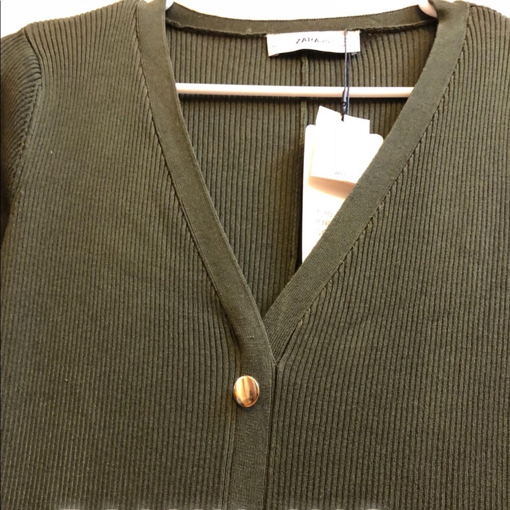 NWT ZARA KHAKI RIBBED KNIT MIDI DRESS WITH BUTTONS - Picture 7 of 8